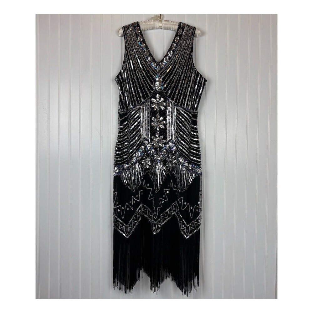 Unique Vintage Womens 1X/16 Dress Bead Sequin Fringe Flapper Gatsby Art Deco